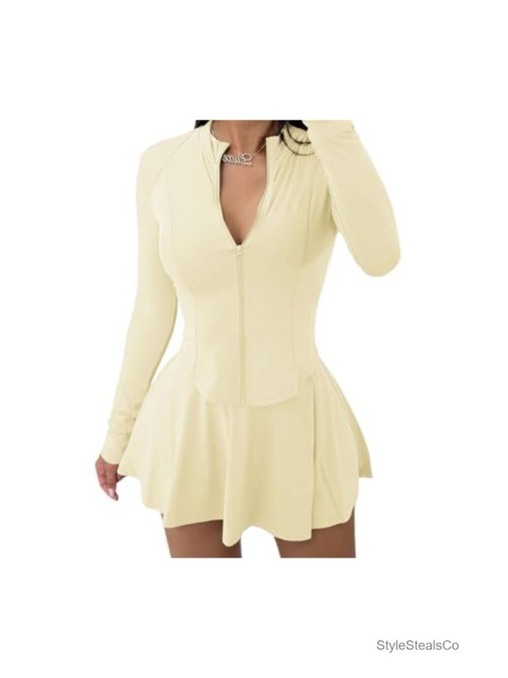 2 Piece Outfits Long Sleeve Workout Jacket Mini Skirt Sets Athletic Tennis
